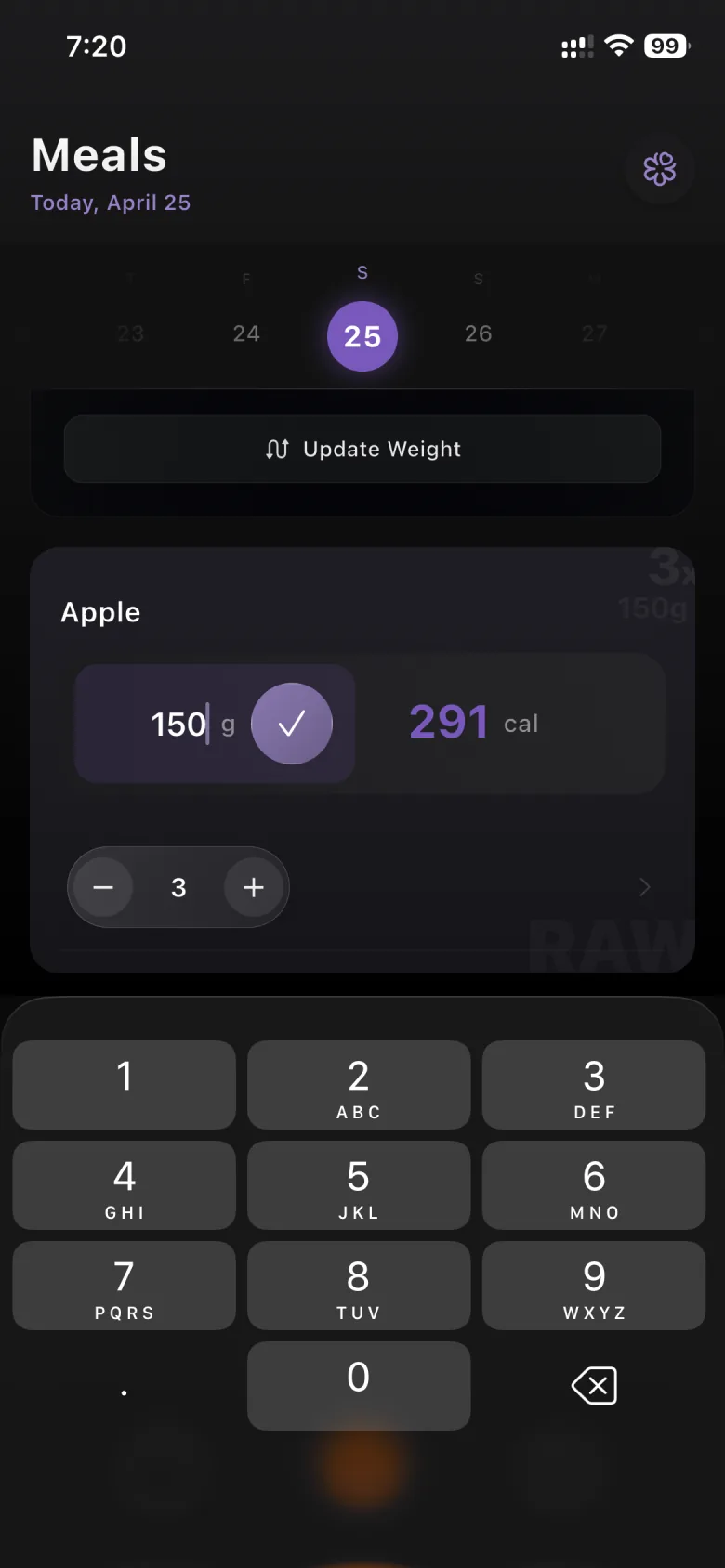 Getter screen showing the count for Apple increased to 3 with 150 g and 291 cal