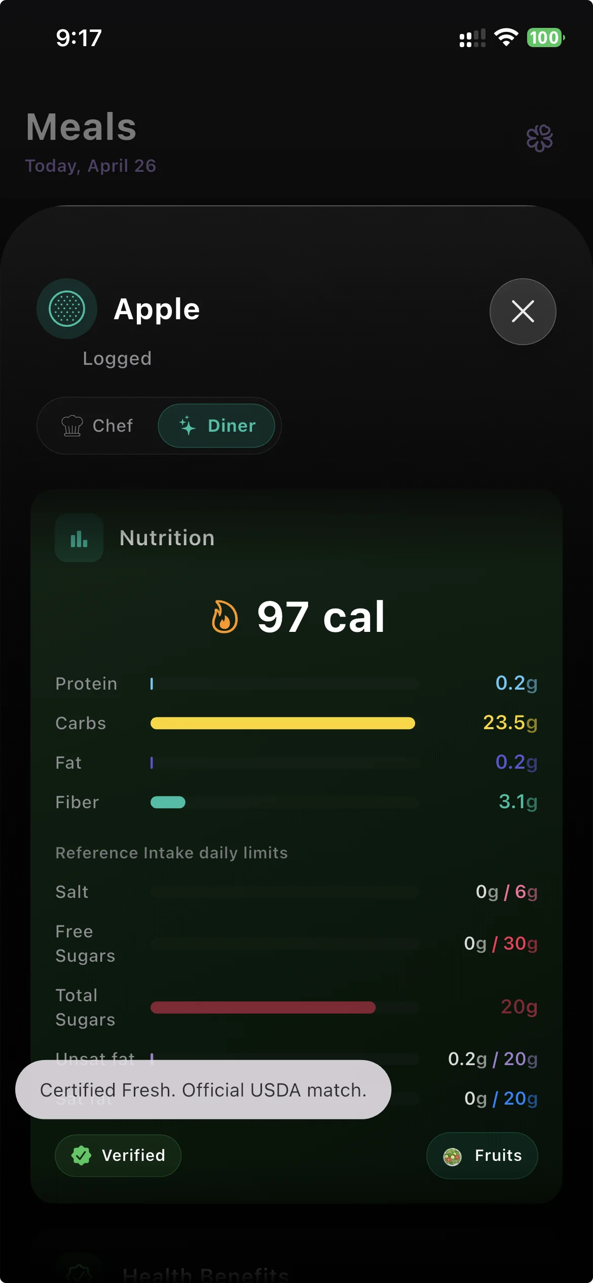 Getter search showing USDA Foundation verified food entries