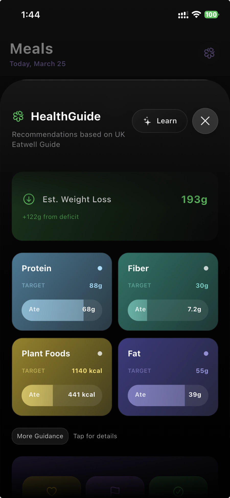 Getter HealthGuide targets showing protein, fiber, plant foods, and fat guidance for daily nutrition awareness