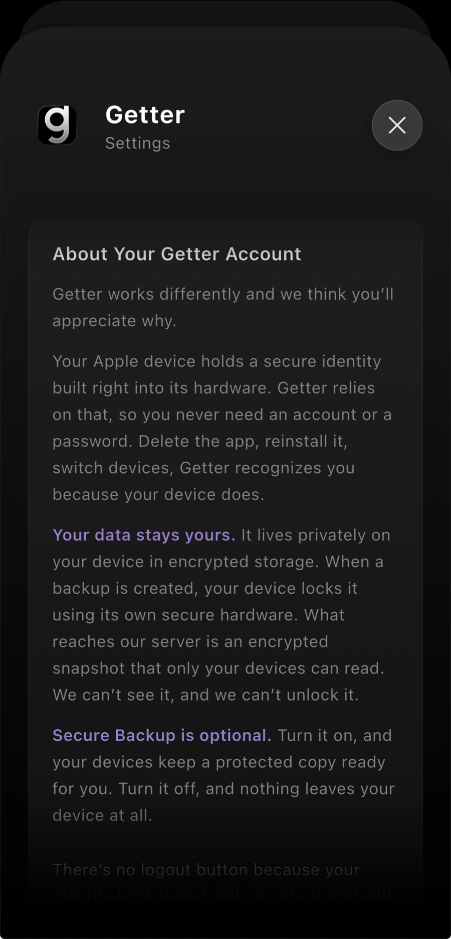 Getter privacy screen explaining local encrypted storage and optional secure backup