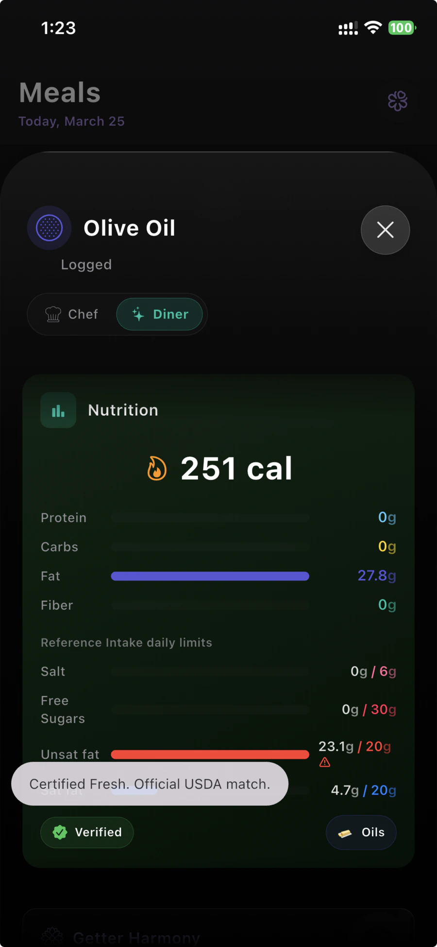 Getter showing a verified USDA Foundation Foods nutrition match with a Certified Fresh label
